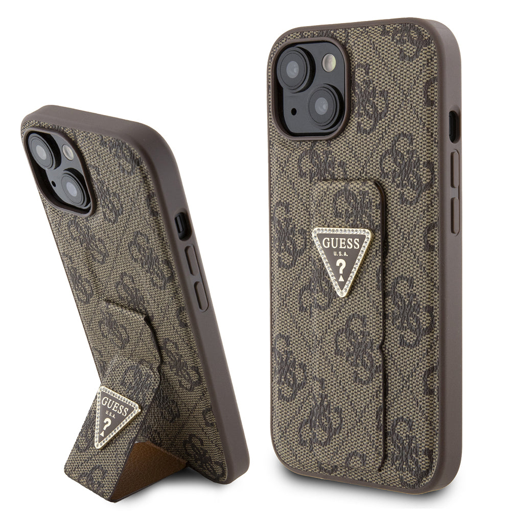 Funda para Apple iPhone 15, Guess, Grip Stand 4G Triangle Strass, Marrón