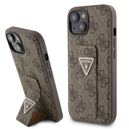Funda para Apple iPhone 15, Guess, Grip Stand 4G Triangle Strass, Marrón