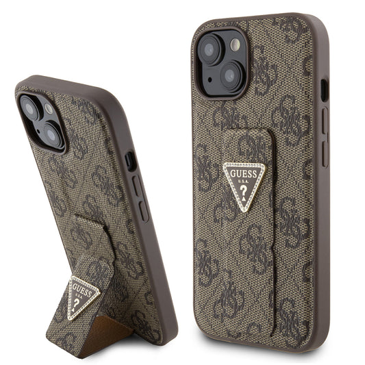 Funda para Apple iPhone 15, Guess, Grip Stand 4G Triangle Strass, Marrón
