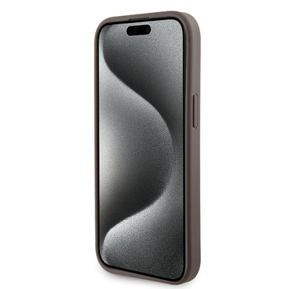 Funda para Apple iPhone 15, Guess, Grip Stand 4G Triangle Strass, Marrón