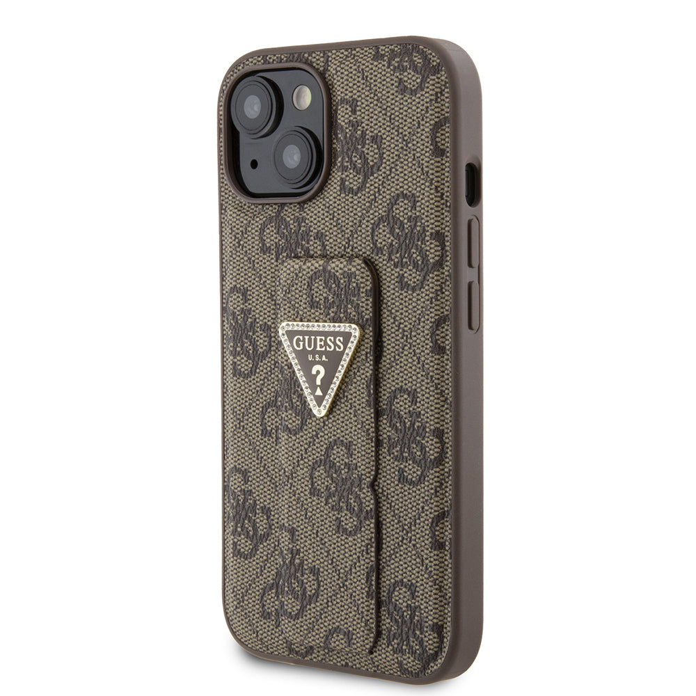 Funda para Apple iPhone 15, Guess, Grip Stand 4G Triangle Strass, Marrón