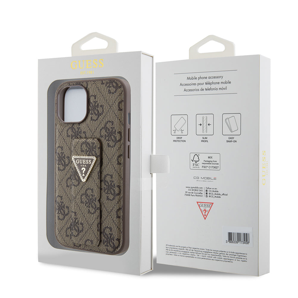 Funda para Apple iPhone 15, Guess, Grip Stand 4G Triangle Strass, Marrón