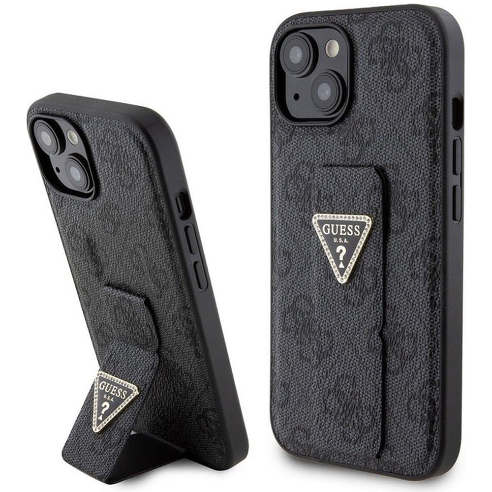Funda para Apple iPhone 15, Guess, Grip Stand 4G Triangle Strass, Negra