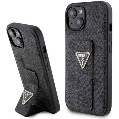Funda para Apple iPhone 15, Guess, Grip Stand 4G Triangle Strass, Negra