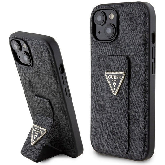 Funda para Apple iPhone 15, Guess, Grip Stand 4G Triangle Strass, Negra