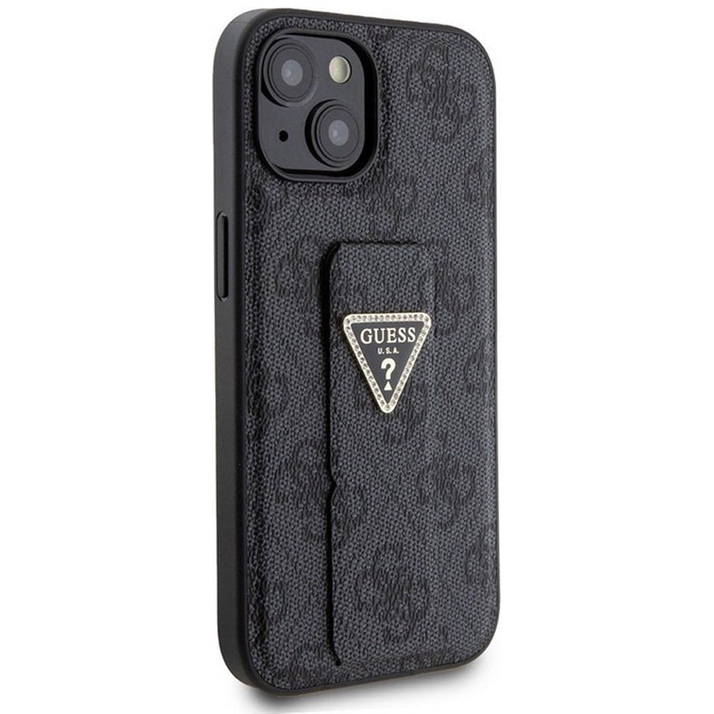 Funda para Apple iPhone 15, Guess, Grip Stand 4G Triangle Strass, Negra