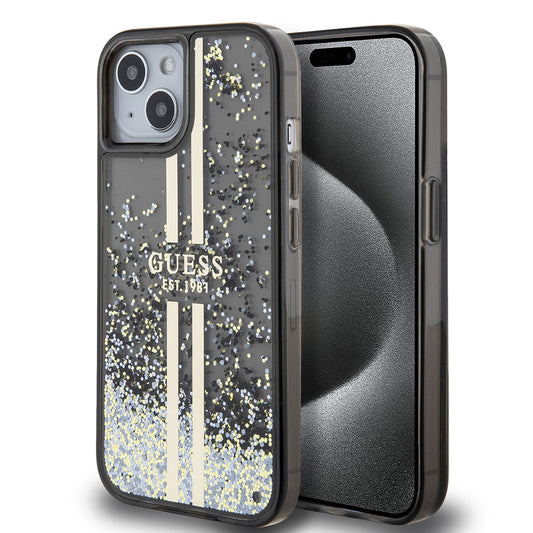 Funda para Apple iPhone 15, Guess, Liquid Glitter Gold Stripes, Negra