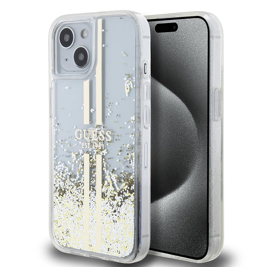Funda para Apple iPhone 15, Guess, Liquid Glitter Gold Stripes, Transparente