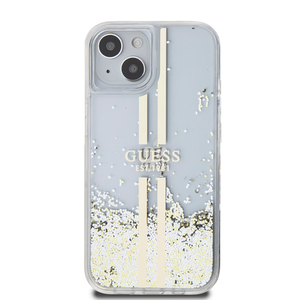 Funda para Apple iPhone 15, Guess, Liquid Glitter Gold Stripes, Transparente