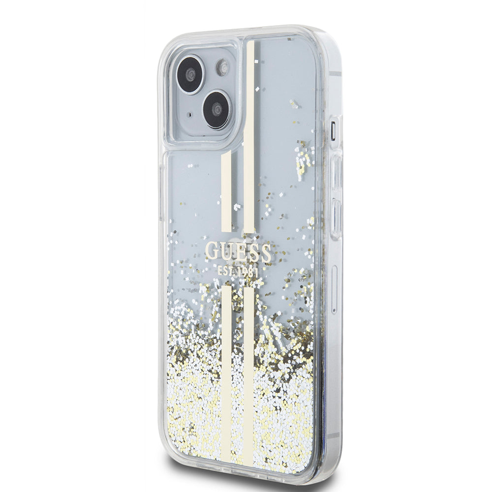Funda para Apple iPhone 15, Guess, Liquid Glitter Gold Stripes, Transparente