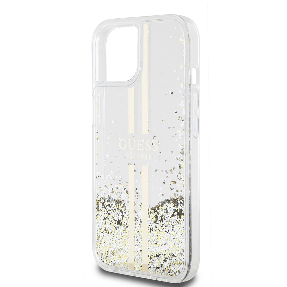 Funda para Apple iPhone 15, Guess, Liquid Glitter Gold Stripes, Transparente