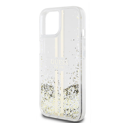Funda para Apple iPhone 15, Guess, Liquid Glitter Gold Stripes, Transparente