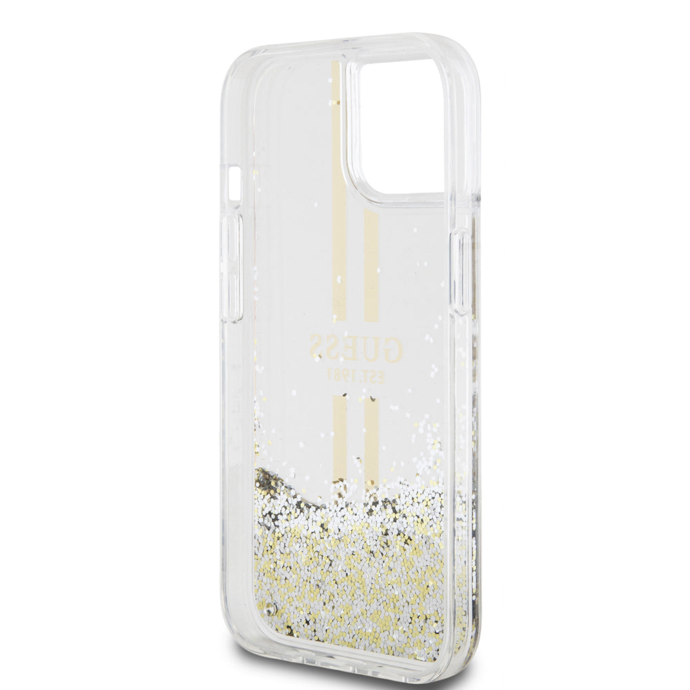 Funda para Apple iPhone 15, Guess, Liquid Glitter Gold Stripes, Transparente