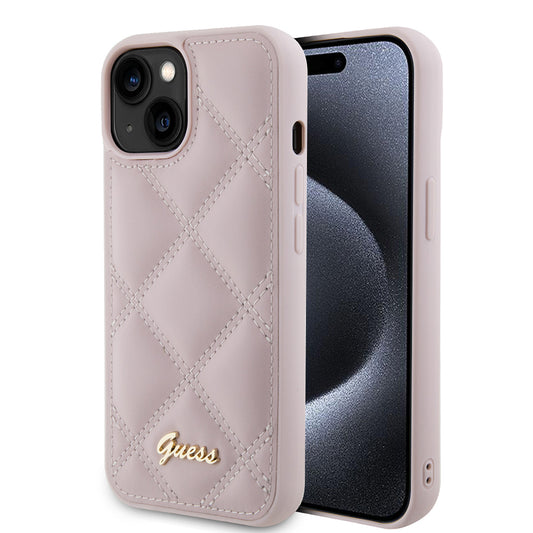 Funda para Apple iPhone 15, Guess, Quilted Metal Logo, Rosa