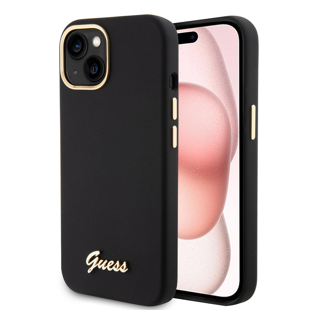 Funda para Apple iPhone 15, Guess, Script Metal Logo & Frame, Negra