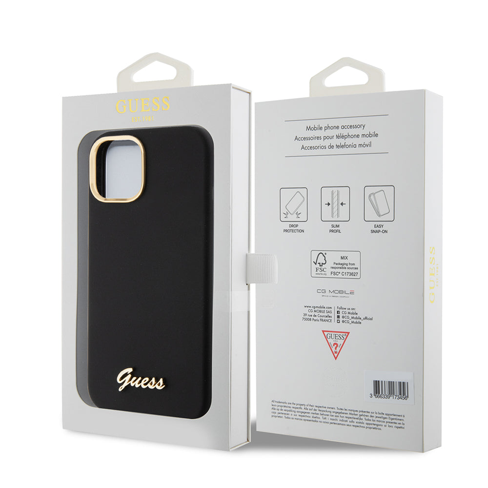 Funda para Apple iPhone 15, Guess, Script Metal Logo & Frame, Negra