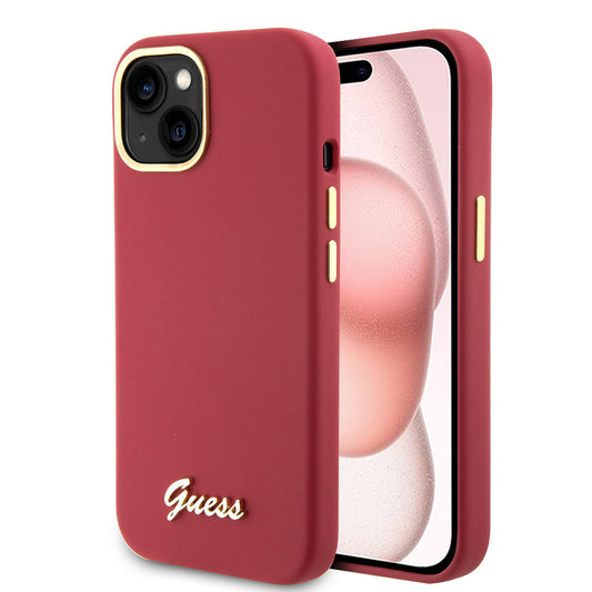 Funda para Apple iPhone 15, Guess, Script Metal Logo & Frame, Roja