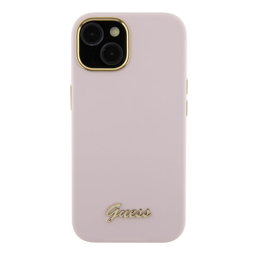 Funda para Apple iPhone 15, Guess, Script Metal Logo & Frame, Rosa Claro