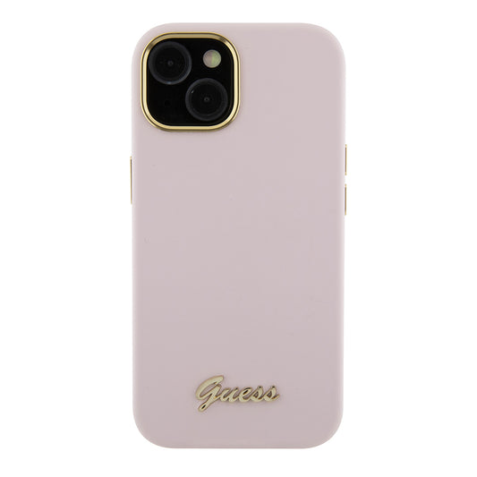 Funda para Apple iPhone 15, Guess, Script Metal Logo & Frame, Rosa Claro