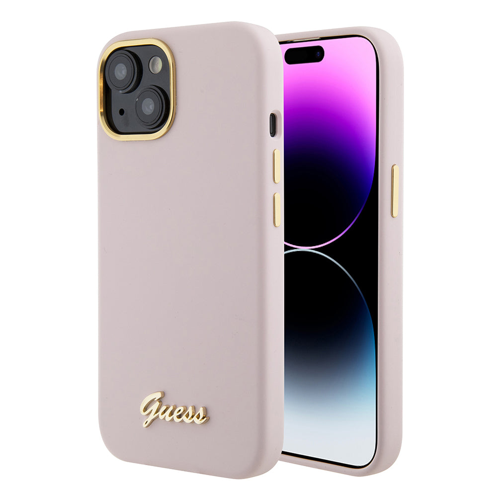 Funda para Apple iPhone 15, Guess, Script Metal Logo & Frame, Rosa Claro