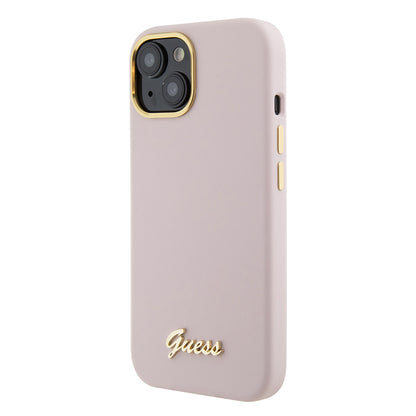 Funda para Apple iPhone 15, Guess, Script Metal Logo & Frame, Rosa Claro