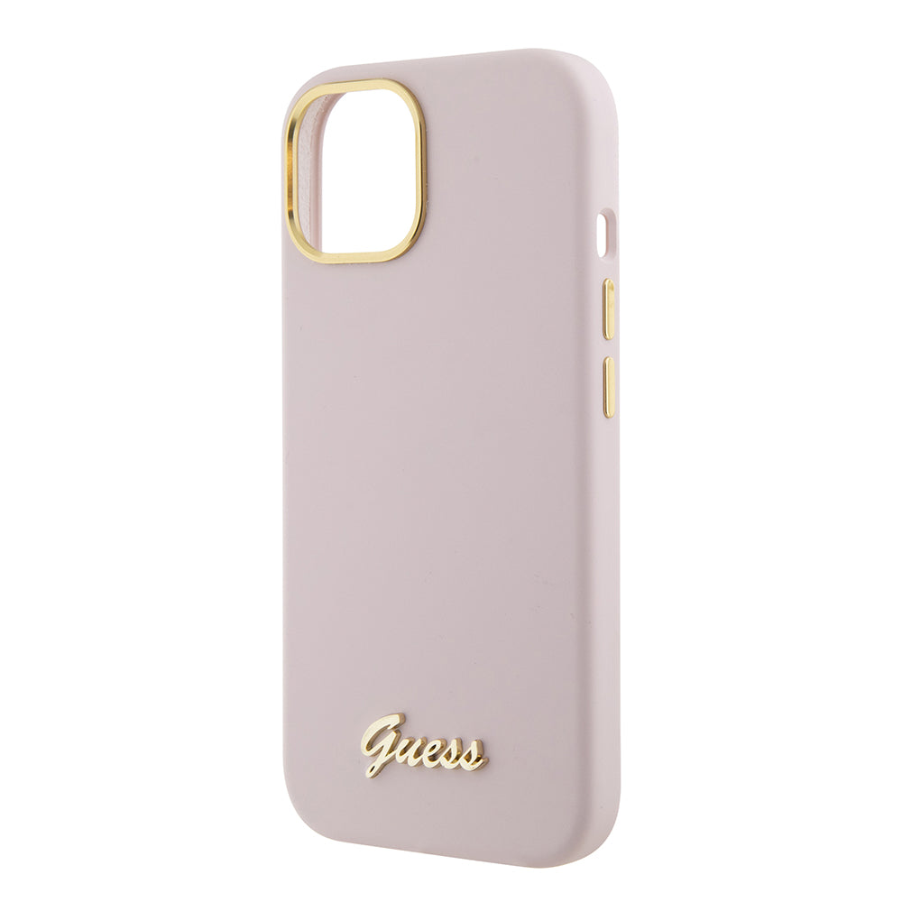 Funda para Apple iPhone 15, Guess, Script Metal Logo & Frame, Rosa Claro