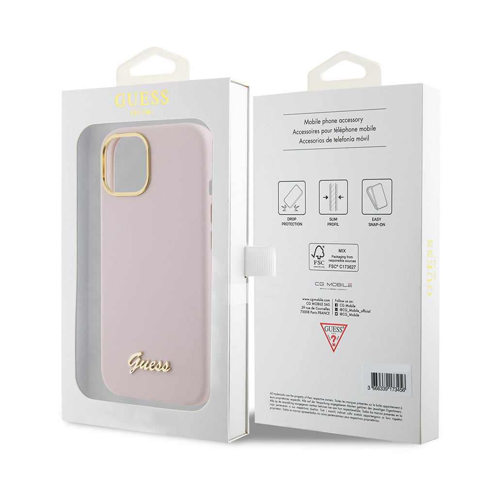 Funda para Apple iPhone 15, Guess, Script Metal Logo & Frame, Rosa Claro