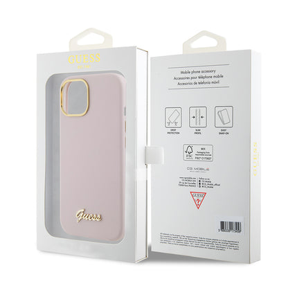 Funda para Apple iPhone 15, Guess, Script Metal Logo & Frame, Rosa Claro