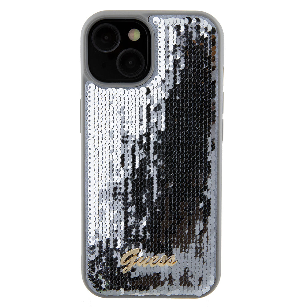 Funda para Apple iPhone 15, Guess, Sequin Script Metal, Plateada