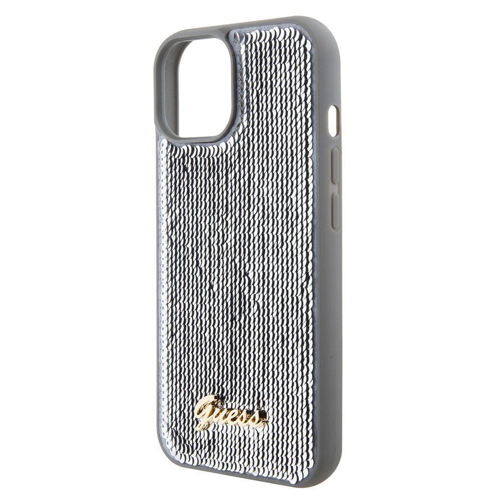 Funda para Apple iPhone 15, Guess, Sequin Script Metal, Plateada
