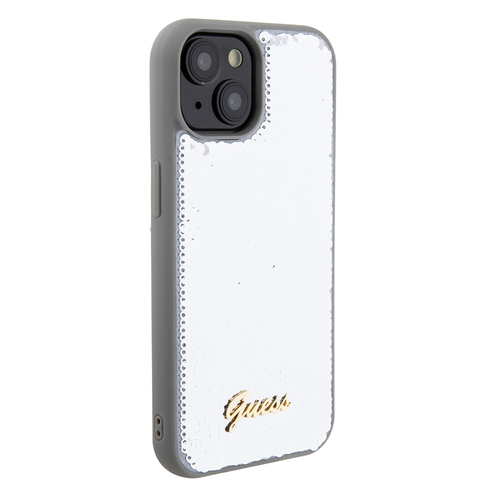Funda para Apple iPhone 15, Guess, Sequin Script Metal, Plateada