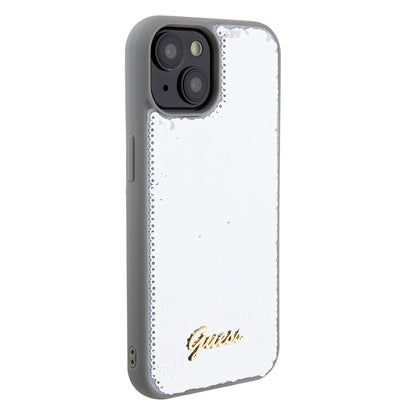 Funda para Apple iPhone 15, Guess, Sequin Script Metal, Plateada