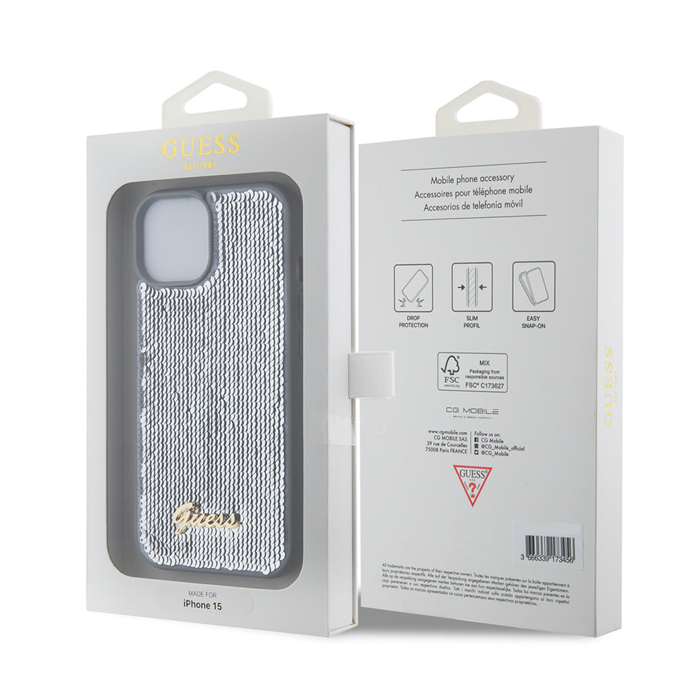 Funda para Apple iPhone 15, Guess, Sequin Script Metal, Plateada