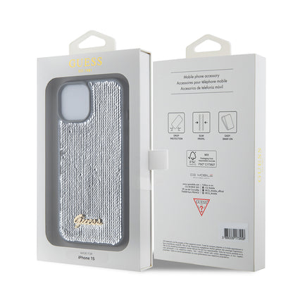 Funda para Apple iPhone 15, Guess, Sequin Script Metal, Plateada