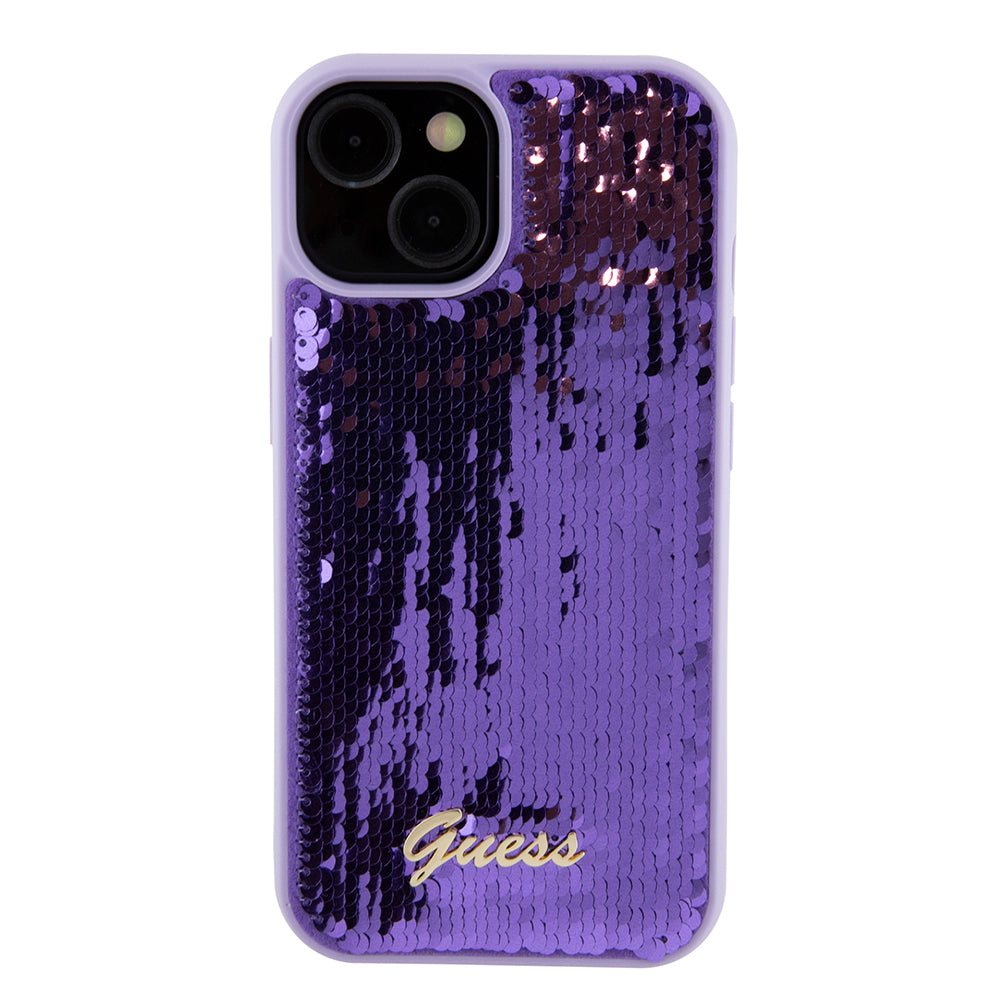 Funda para Apple iPhone 15, Guess, Sequin Script Metal, Morado