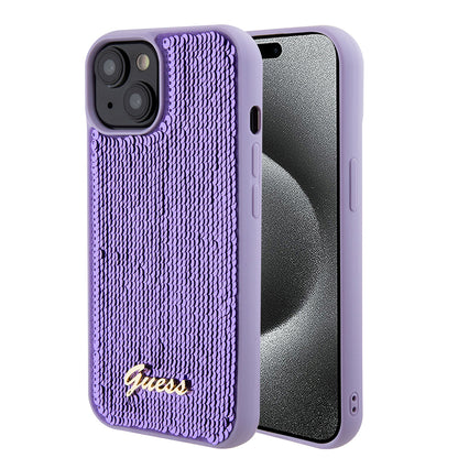 Funda para Apple iPhone 15, Guess, Sequin Script Metal, Morado