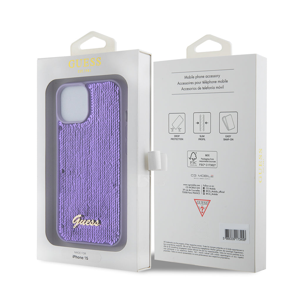 Funda para Apple iPhone 15, Guess, Sequin Script Metal, Morado