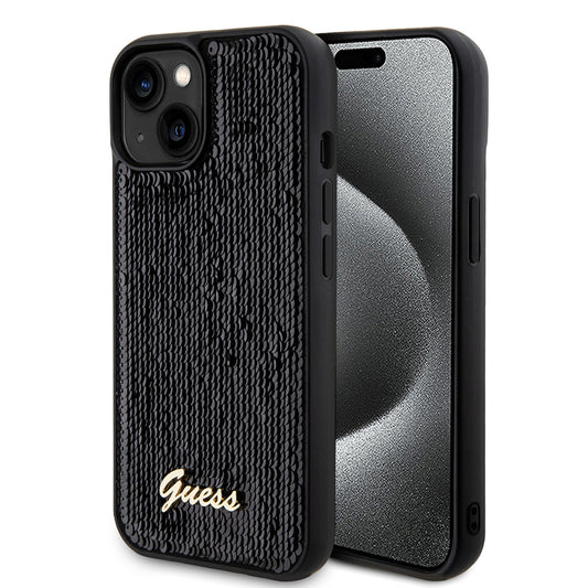 Funda para Apple iPhone 15, Guess, Sequin Script Metal, Negra