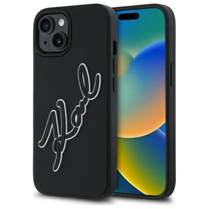Funda para Apple iPhone 15, Karl Lagerfeld, 3D Rubber Signature, Negra