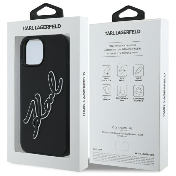 Funda para Apple iPhone 15, Karl Lagerfeld, 3D Rubber Signature, Negra