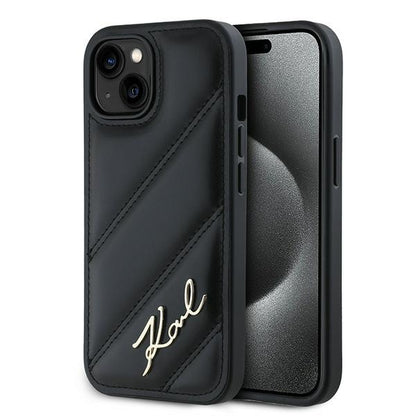 Funda para Apple iPhone 15, Karl Lagerfeld, Diagonal Quilted Script, Negra