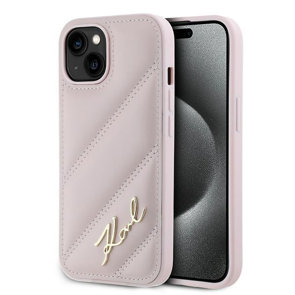 Funda para Apple iPhone 15, Karl Lagerfeld, Diagonal Quilted Script, Rosa