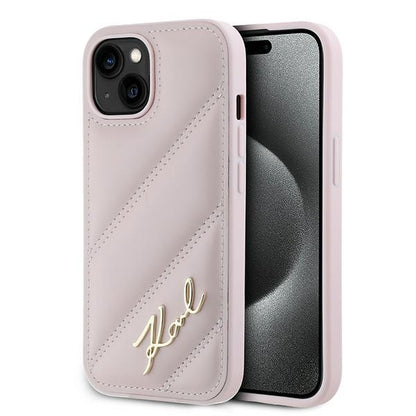Funda para Apple iPhone 15, Karl Lagerfeld, Diagonal Quilted Script, Rosa