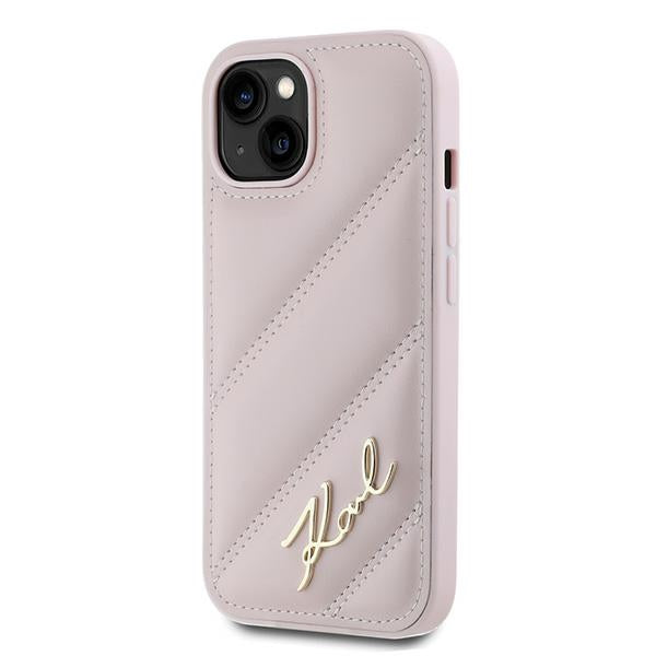Funda para Apple iPhone 15, Karl Lagerfeld, Diagonal Quilted Script, Rosa