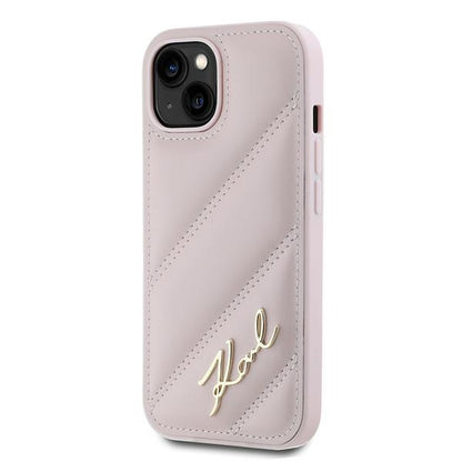 Funda para Apple iPhone 15, Karl Lagerfeld, Diagonal Quilted Script, Rosa