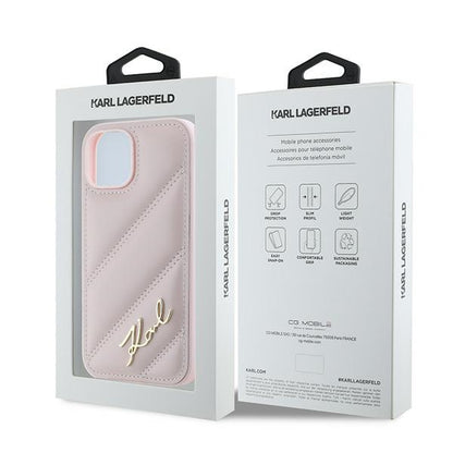 Funda para Apple iPhone 15, Karl Lagerfeld, Diagonal Quilted Script, Rosa