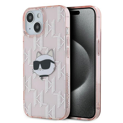 Funda para Apple iPhone 15, Karl Lagerfeld, IML Luxury Monogram Choupette's Head, Rosa