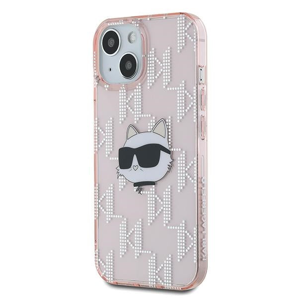 Funda para Apple iPhone 15, Karl Lagerfeld, IML Luxury Monogram Choupette's Head, Rosa
