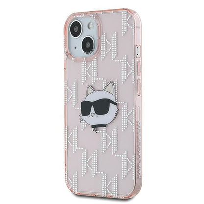 Funda para Apple iPhone 15, Karl Lagerfeld, IML Luxury Monogram Choupette's Head, Rosa