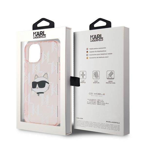 Funda para Apple iPhone 15, Karl Lagerfeld, IML Luxury Monogram Choupette's Head, Rosa